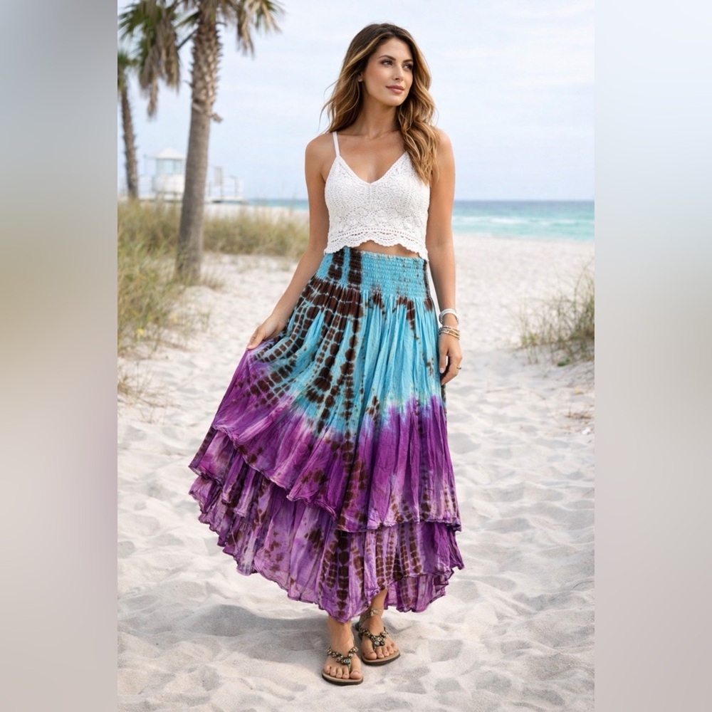 Wevez Rayon Tie Dye Long Skirt in Turquoise~Vibrant Purple~Brown~OS Regular~NWT - Picture 3 of 16